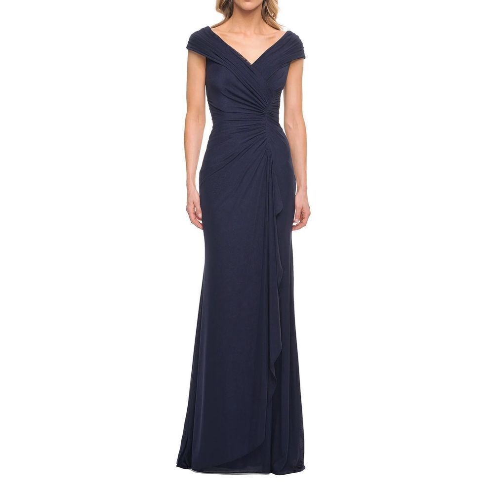 La Femme Navy Blue Off-Shoulder Ruched Evening Gown